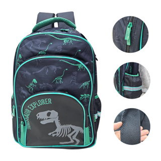 Mochila De Dinossauro De Costas T-rex Verde E Azul Escolar Com 3 Divisórias em Oferta na Shopee