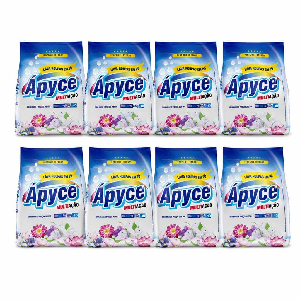 Kit 8 Sabão em Pó Ápyce Multiação 800g Cada Lava Roupas Perfume Intenso