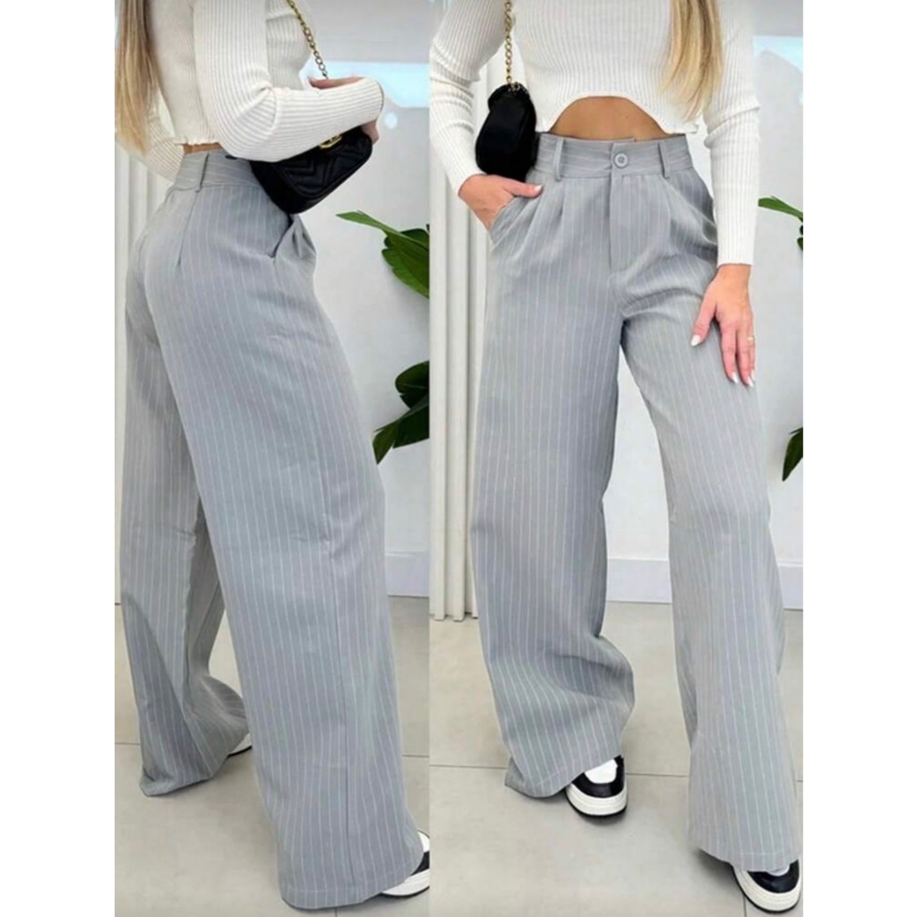 Calça Pantalona Alfaiataria Wide Leg Modelo listrado. em Oferta na Shopee