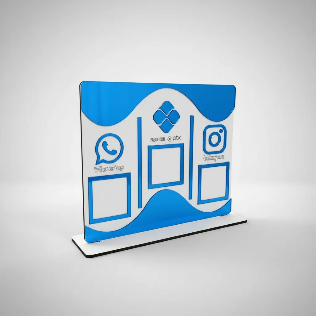 Placa Display de Mesa e Balcão para QR Code WHATSAPP PIX INSTAGRAM no MDF Branco e Acrílico Azul