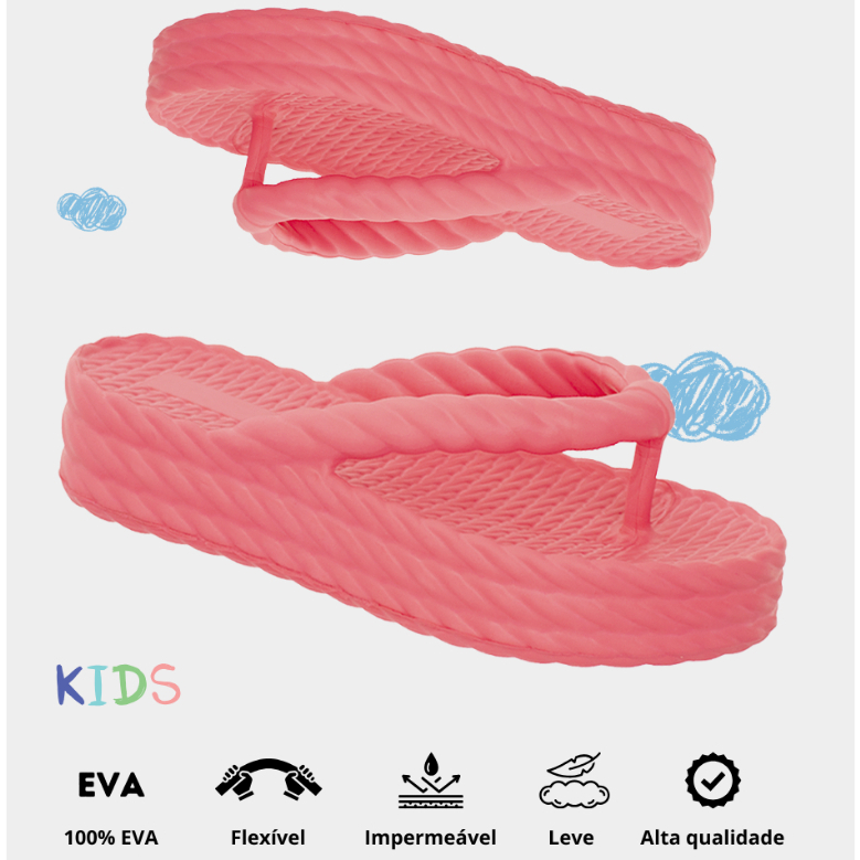 Chinelo Tamanco Plataforma Trançado EVA 3 Tiras Infantil Menina Leve Macio Confortável