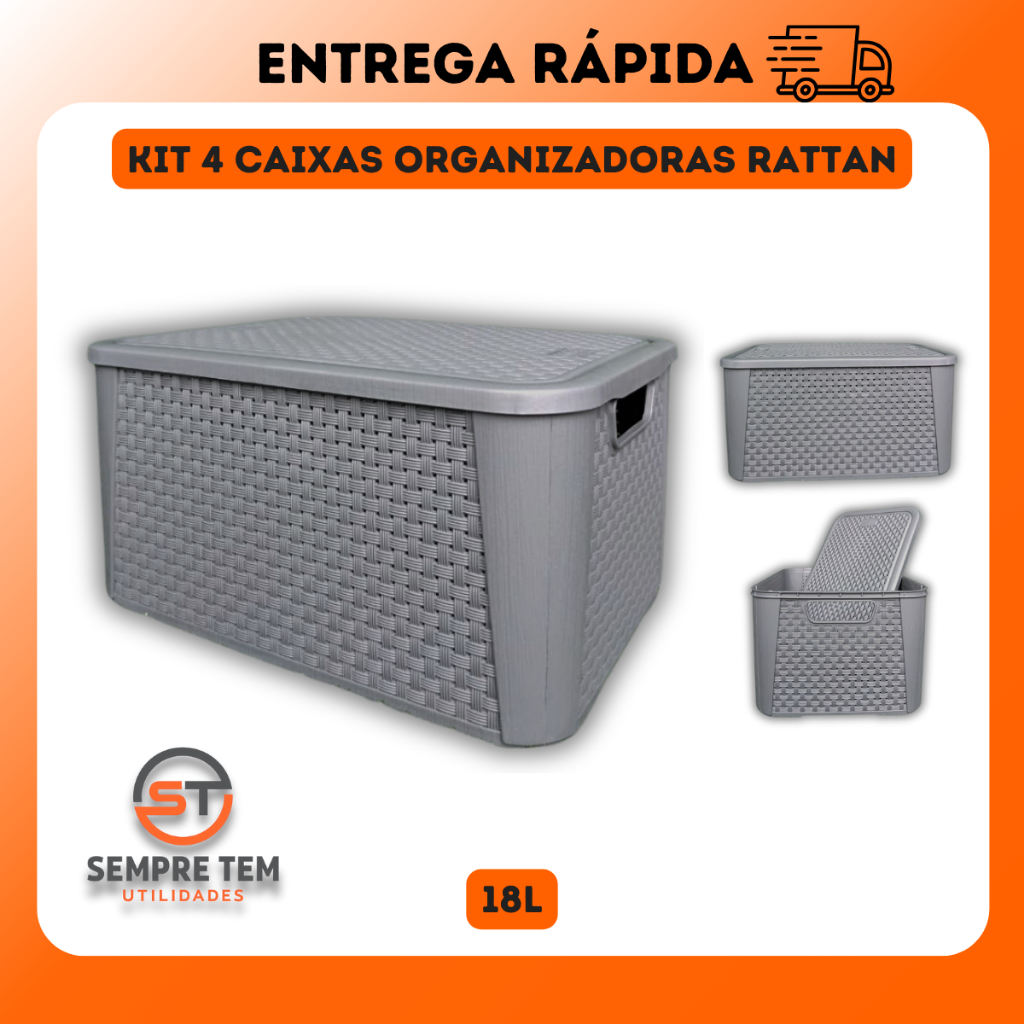 Kit 4 Caixas Organizadora Rattan 18 Litros Cesto Organizador Multiuso Plastico Reforçado Com Tampa