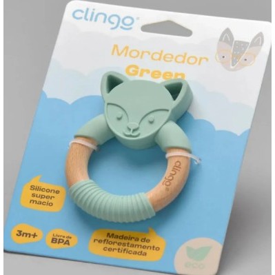 Mordedor Bebê Silicone e Madeira Raposa Verde Bpa Free 3m+ Sensorial Dentição Infantil