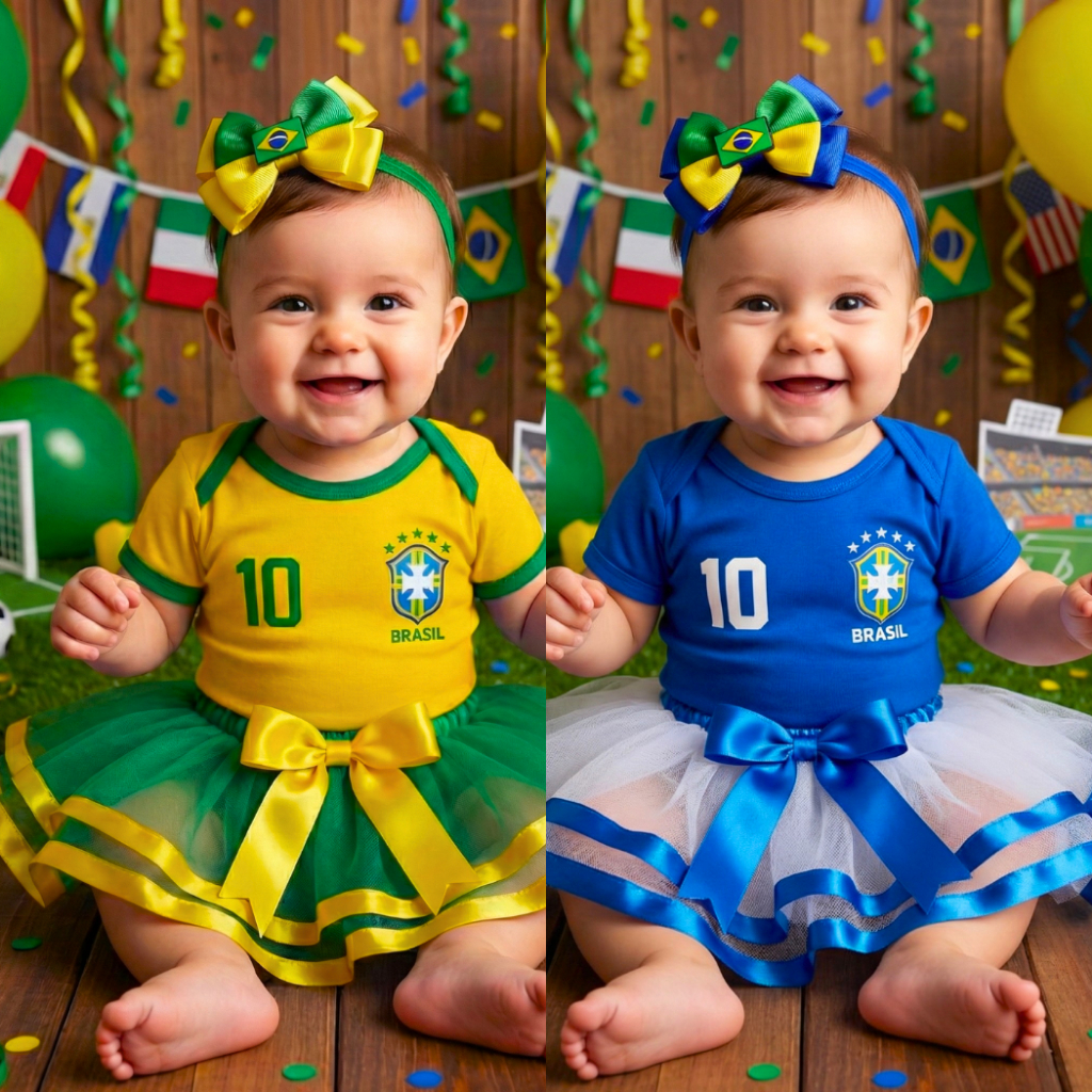 Body Bebê Brasil Kit 3 Peças Feminino Body + Saia + Laço
