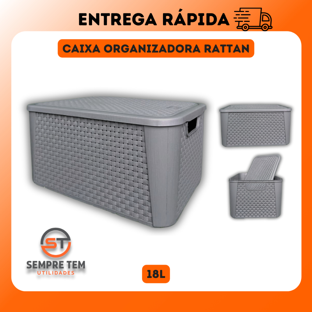 Caixa Organizadora Rattan 18 Litros Cesto Multiuso Grande Com Tampa Casa Escritorio Decoração Quarto