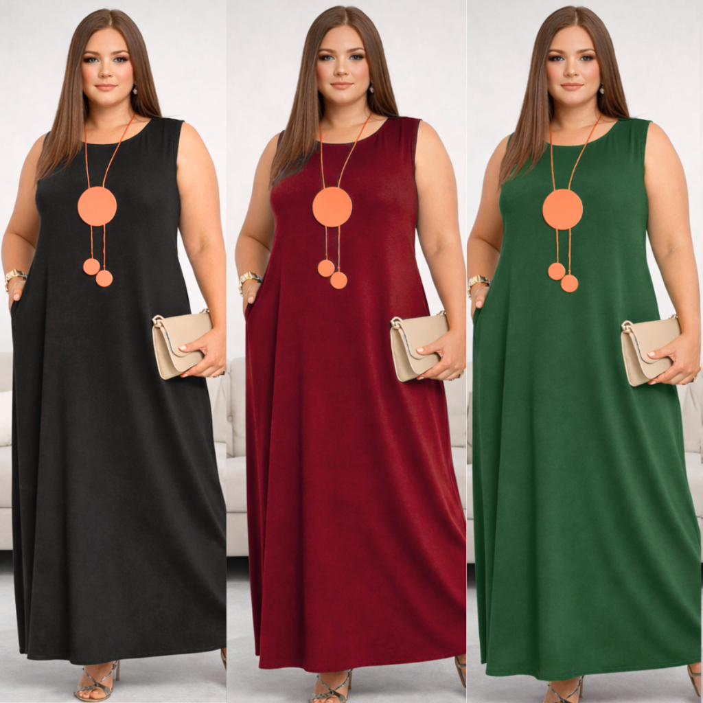 Vestido Eva Plus Feminino  Bolso Longo Plus Size Slim Regata Folgadinho Viscolycra Longuete Moda Evangélica Mulher Verão