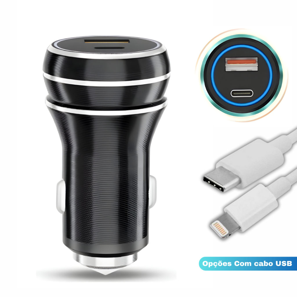 Carregador Veicular Turbo 3.4A  Carregamento Rápido com Entrada USB e Tipo C Universal