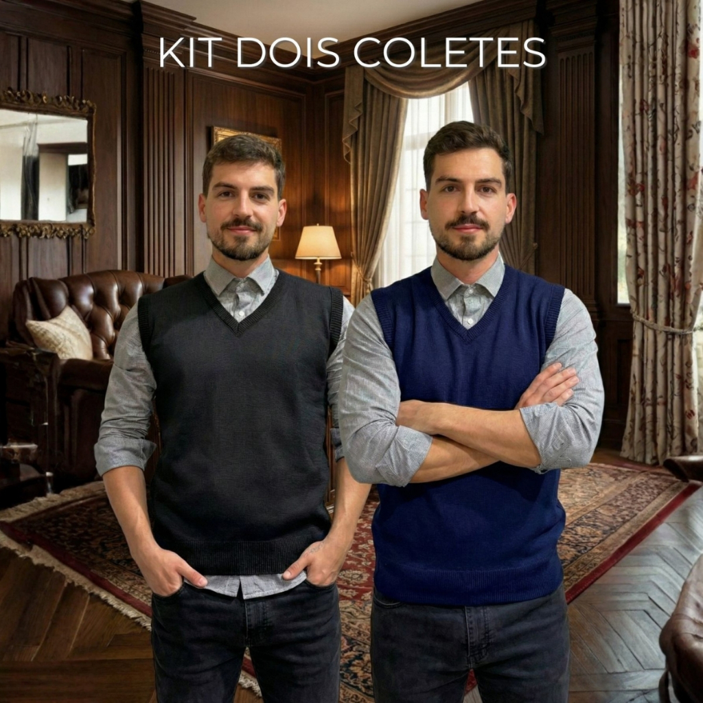 Kit 2 Coletes Pulôver Liso Masculino Social Tricot Lã Gola V Trabalho Escritório Homem Elegante