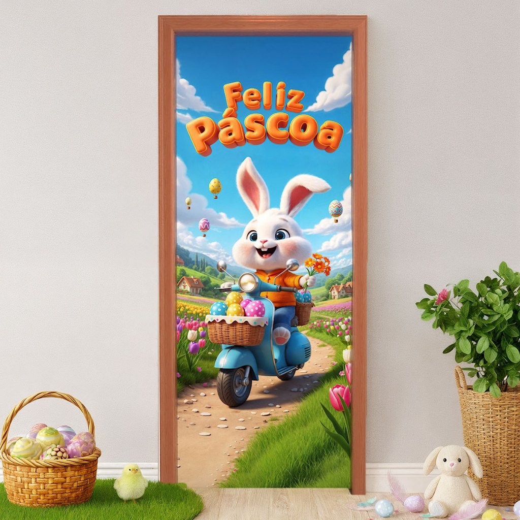 Capa de Porta Páscoa Decorativa Infantil Em Tecido Veste Fácil Sublimado 0,80x2