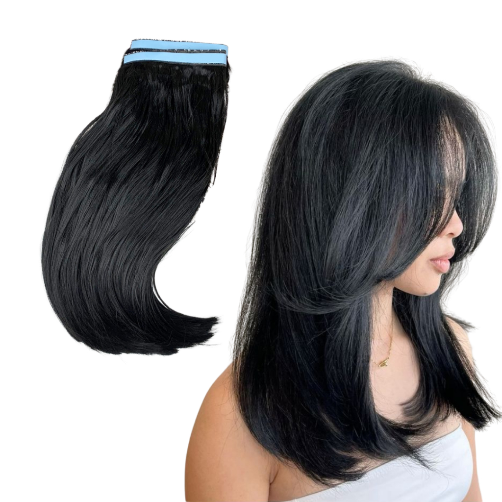 MEGA HAIR ADESIVO FIBRA EUROPEIA CURTO LISO ONDULADO CORES 40/50 CM - 2 TIRAS