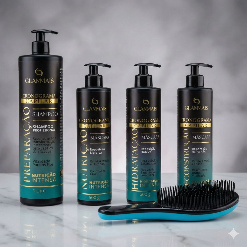 Kit Cronograma Capilar Glammais Completo Hidratação Nutrição Reconstrução 1L + Escova Profissional