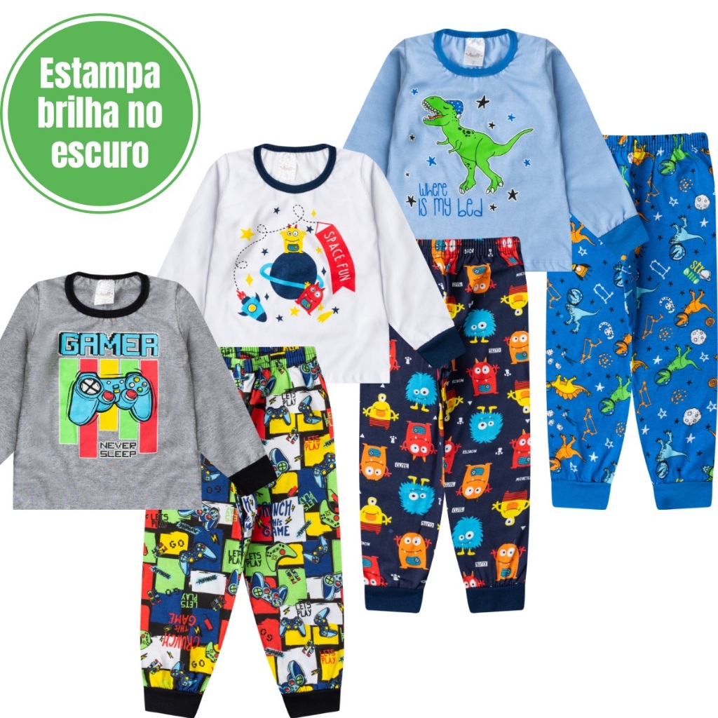 Kit 3 Pijamas Infantil Menino Algodão Roupa de Dormir 2 a 8 anos