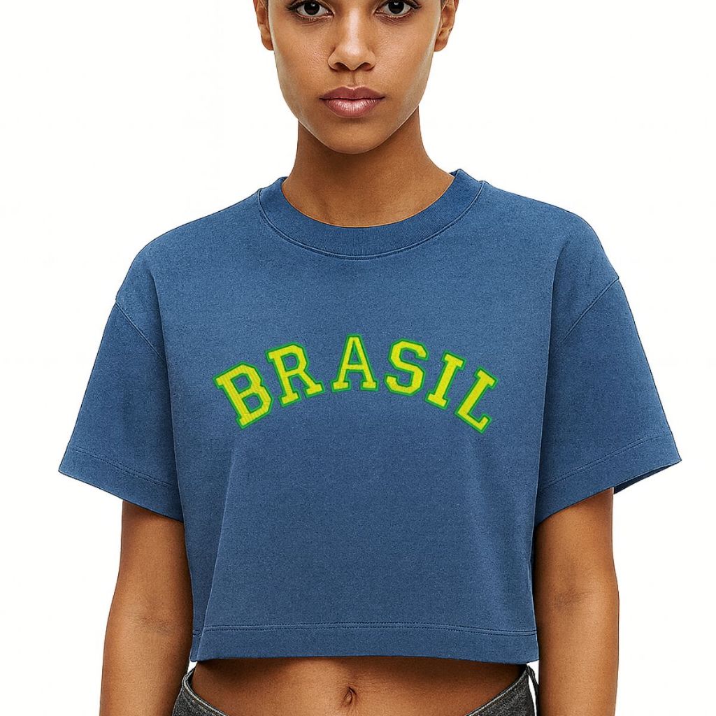 Blusa Cropped Feminina Básica 100% Algodão Estampada Brasil Copa do Mundo Jogo Futebol