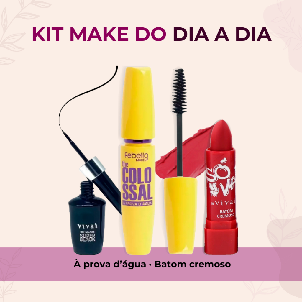 Kit Maquiagem | Batom Cremoso + Rímel e Delineador Super Black à Prova d’Água | Vivai Febella