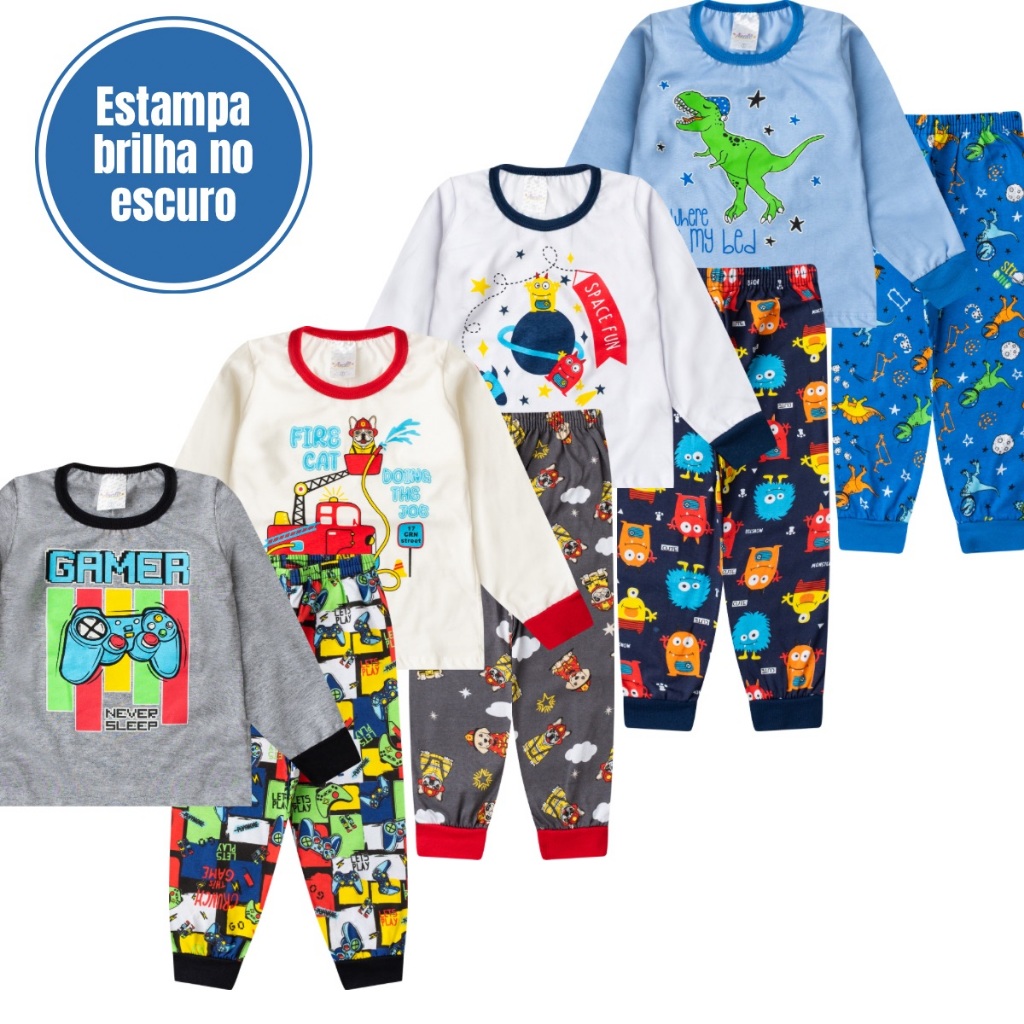 Lote 4 Conjuntos Pijama Infantil Menino Inverno Manga Longa em Oferta na Shopee