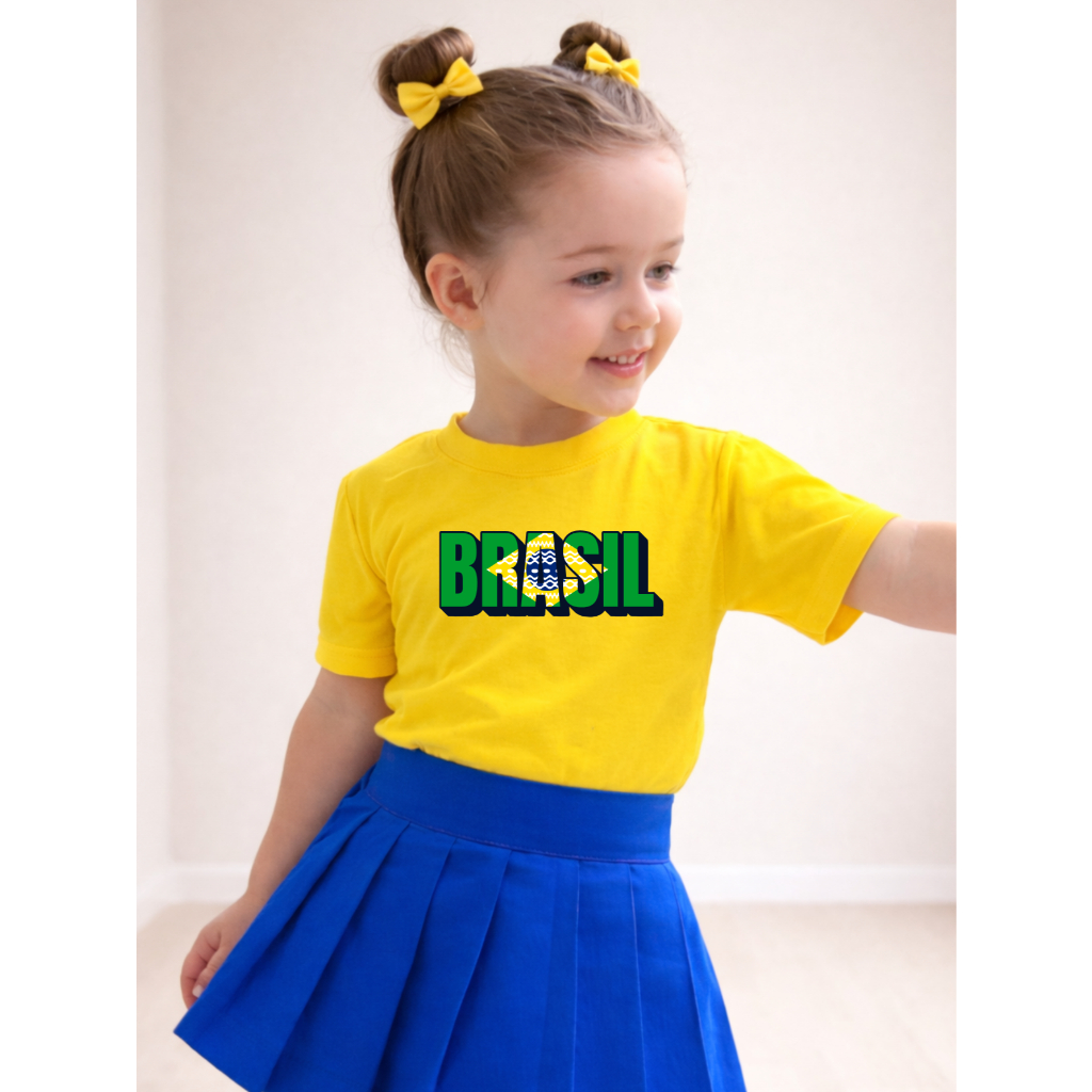 Camiseta Algodão Infantil Estampa Brasil Macramê 1012 Copa do Mundo Ootd Menina Escola Torcedora