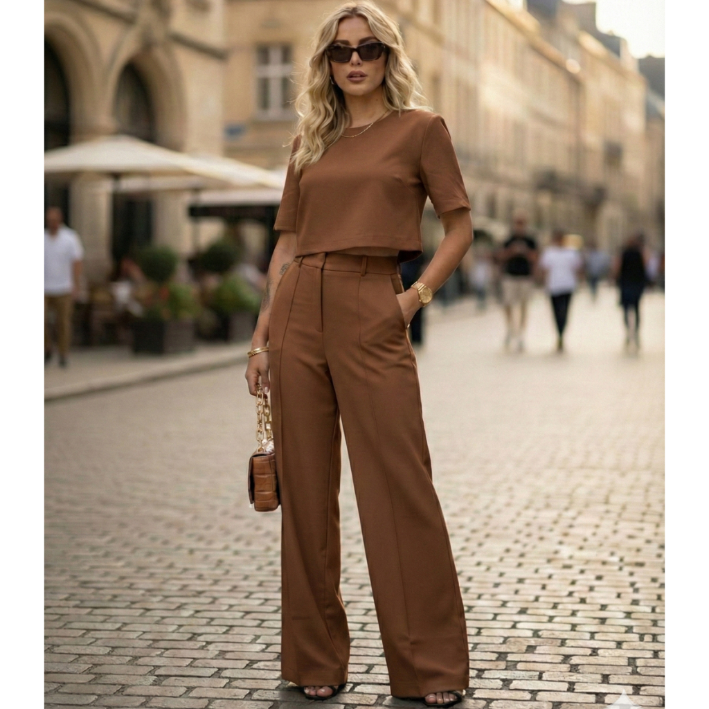 CONJUNTO FEMININO ALFAIATARIA CALÇA PANTALONA E BLUSA CINTURA ALTA COM ESTILO em Oferta na Shopee