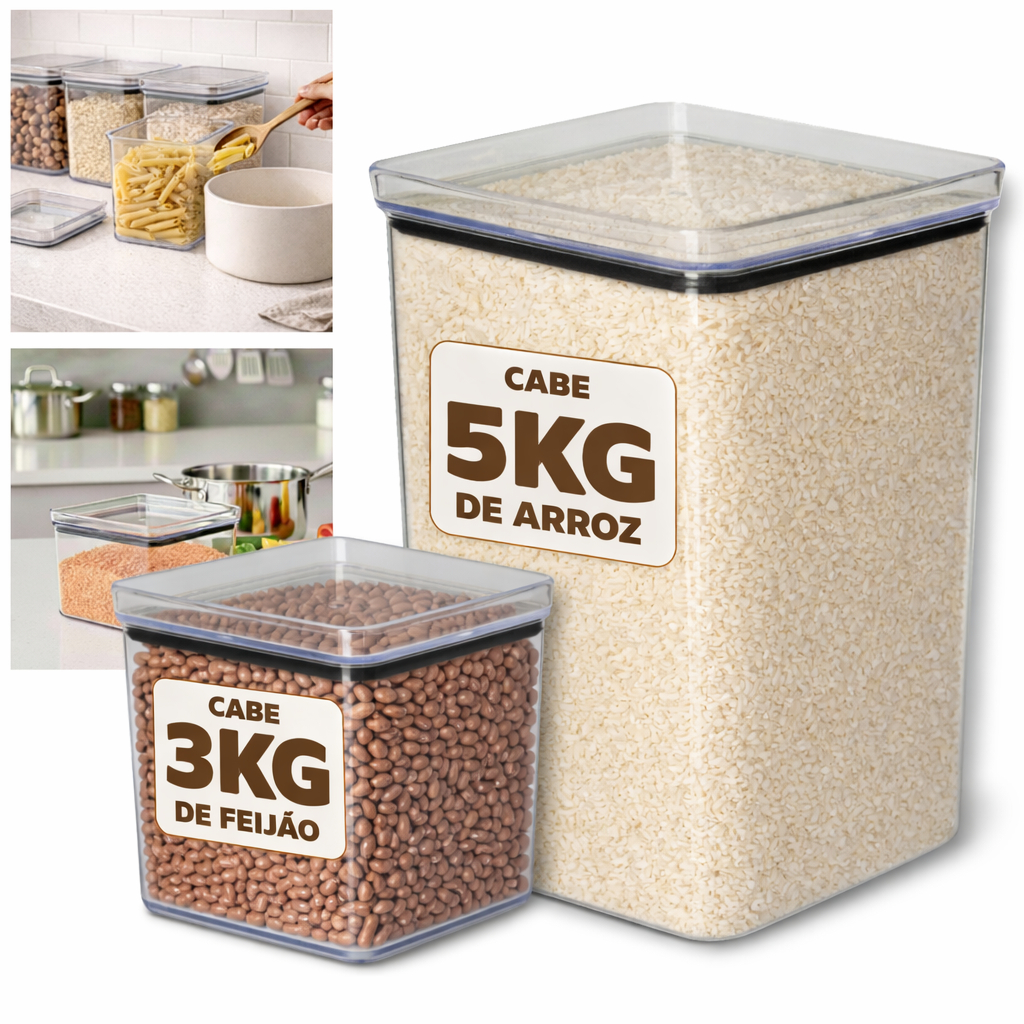 Kit Potes Herméticos Lumini Paramount Porta Arroz e Feijão Macarrão para Organização de Co...