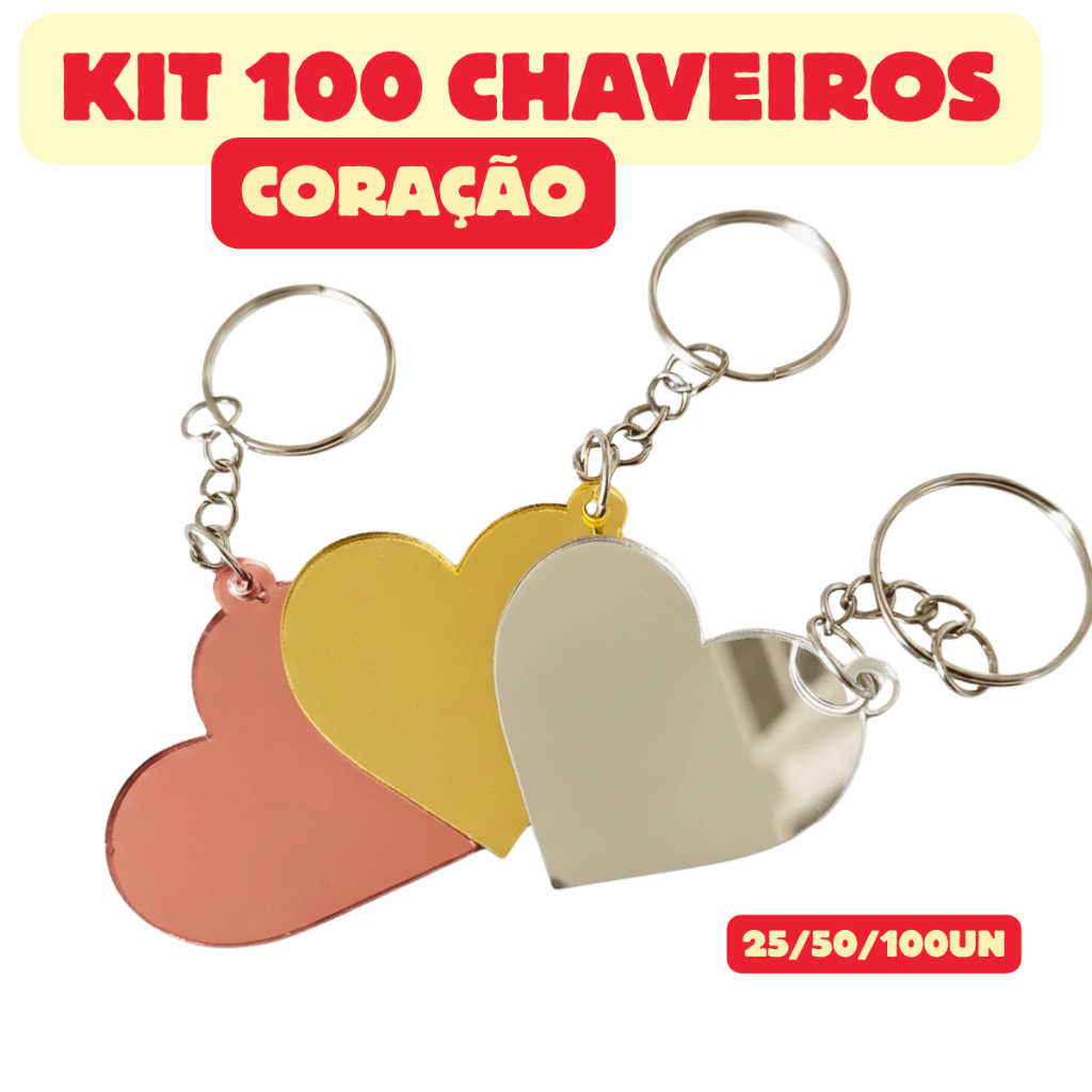 Kit 100/50/25 Chaveiros Coração em Acrílico Espelhado Prata Rose Gold e Dourado em Oferta na Shopee