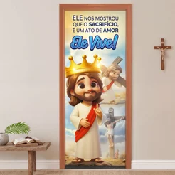 Capa para Porta Páscoa Cristã Religiosa Em Tecido Sublimado Decorativa Veste Fácil 0,80x2,10m