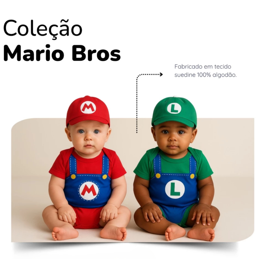 Body Bebê Menino Mêsversário Temático Do Super Mario Bros - Manga Curta, Suedine 100% Algodão