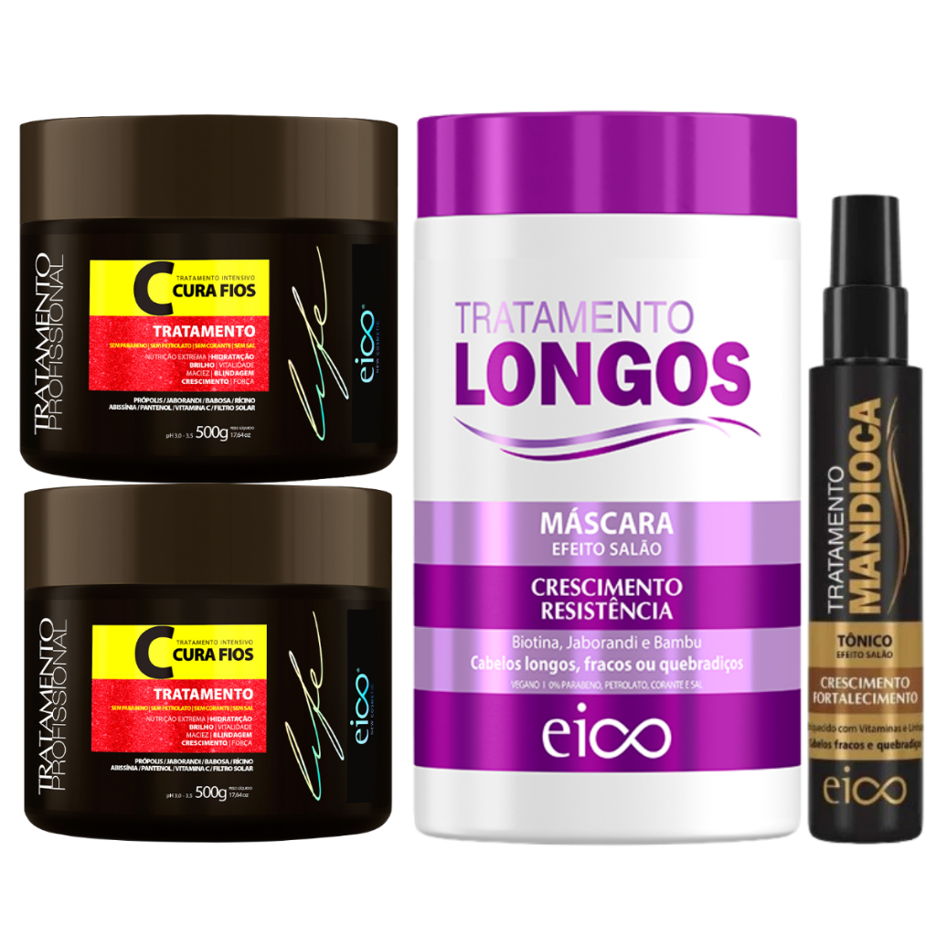 Eico Kit Cura Fios 1Kg Máscara Cabelos Longos 1Kg e Tônico Capilar Crescimento Mandioca 120ml