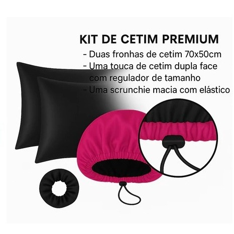 Kit Cetim Antifrizz 2 Fronhas Touca de Cetim Regulável Xuxinha Scrunchie Cabelo para Dormir