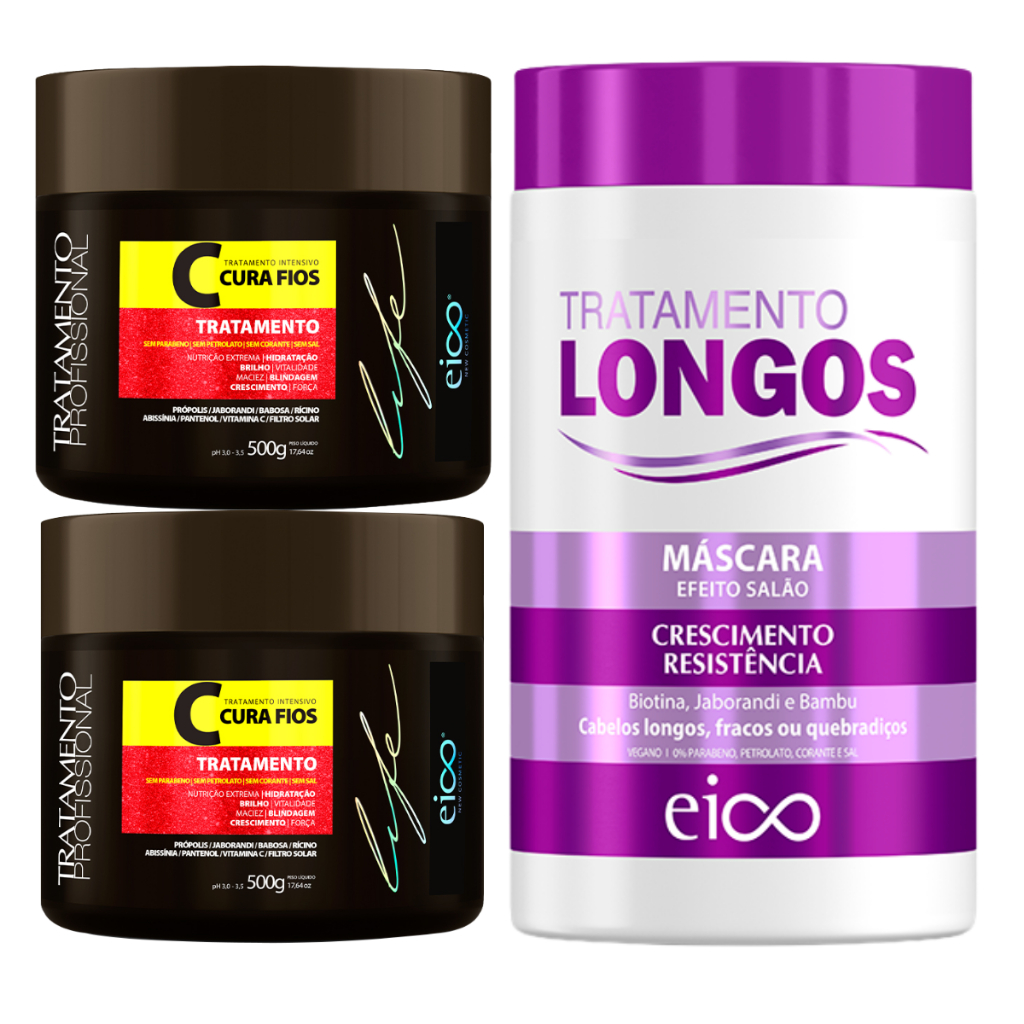 Eico Kit Máscara Tratamento Nutrição Cura Fios 1Kg Máscara Cabelos Longos Força e Crescimento 1Kg