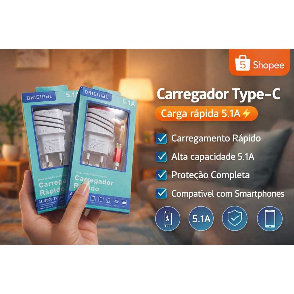 Carregador de Celular Type C Rápido 5.1A Original com Cabo com 2 Entratada USB  Carga Turbo Celular Smartphone
