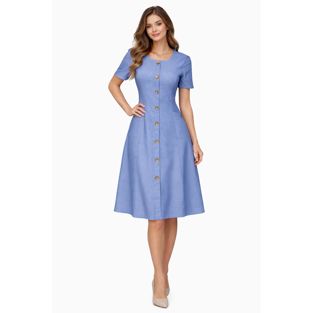 Vestido Evangelico Elegante  Chambray Premium Midi com Botões e  Bolsos Moda Evangélica com Elastano
