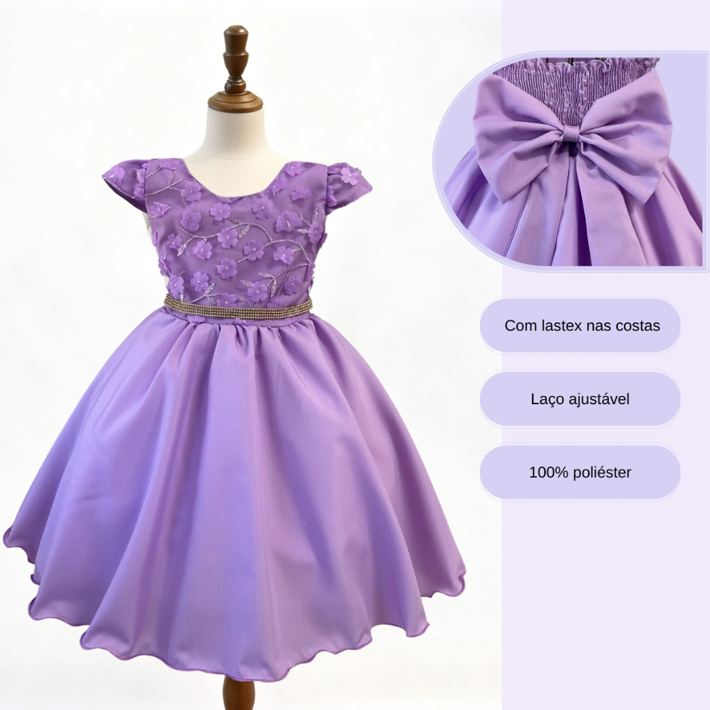Vestido Juvenil Curto Com Aplicações de Flores Elegante — imagem 2 de 2