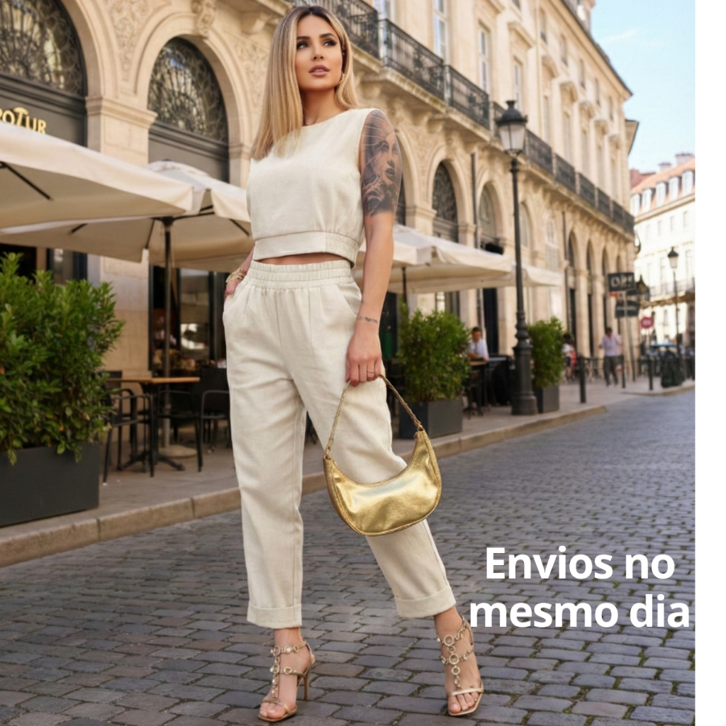 Conjunto Feminino Linho Sofisticado Calça Capri e regata Elegante em Oferta na Shopee