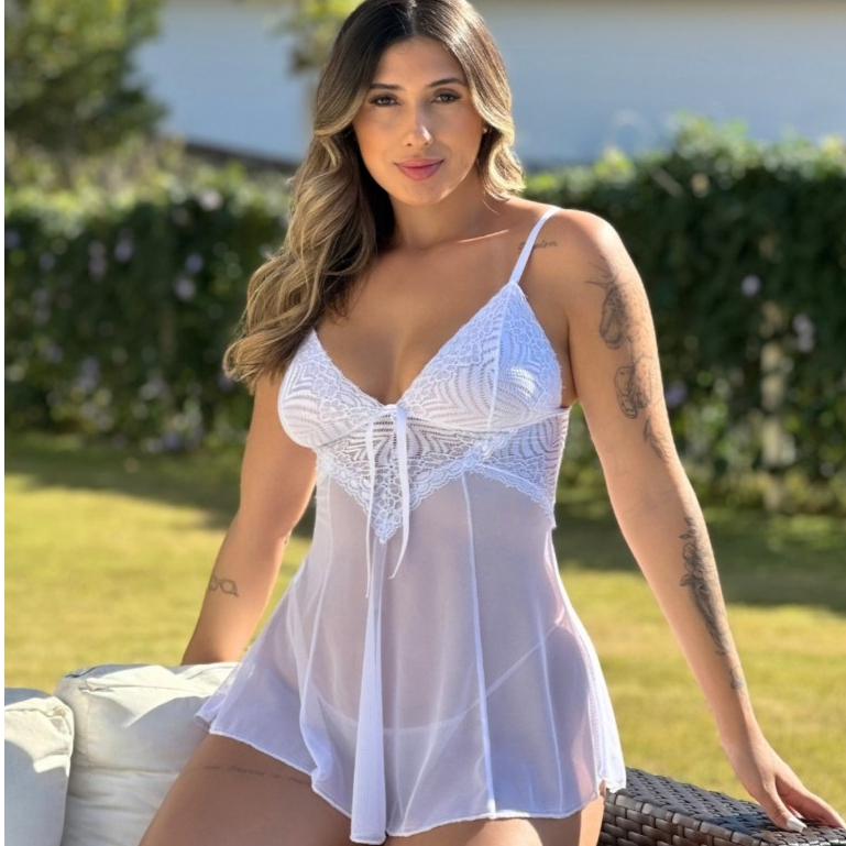 Camisola Feminina de Tule e Renda Transparente com Calcinha Lingerie Natália Roupa de Dormir Curta