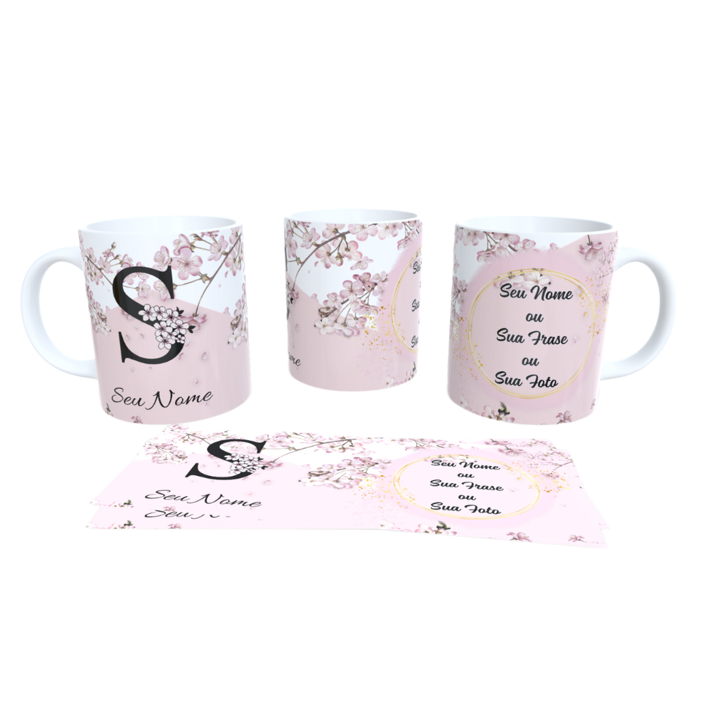 Caneca Xícara Feminina Porcelana Floral Cerejeira Personalizada Nome e Frase