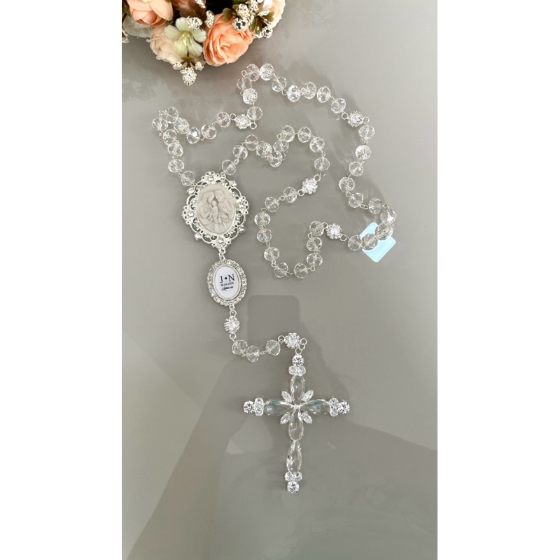 Terço de Noiva Sagrada Família em 3D | Zircônia Banho Prata Luxo | Cristal | Casamento | Terço