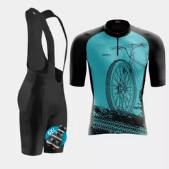 Conjunto de Ciclismo Masculino Camisa Bike Roda Azul e Bretelle de Gel Way Bike