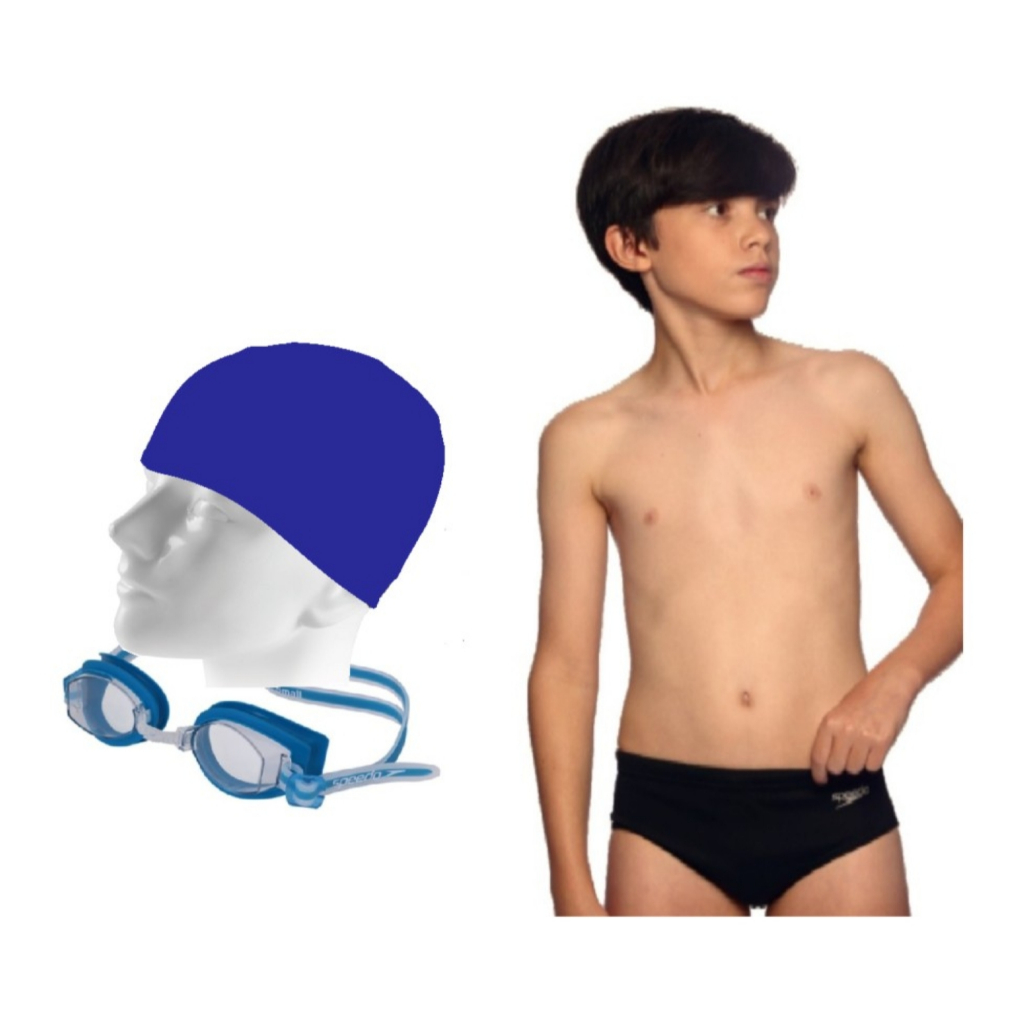 Kit Natação Speedo Sunga Solid Infantil Juvenil + Óculos Izy Small + Touca Tecido