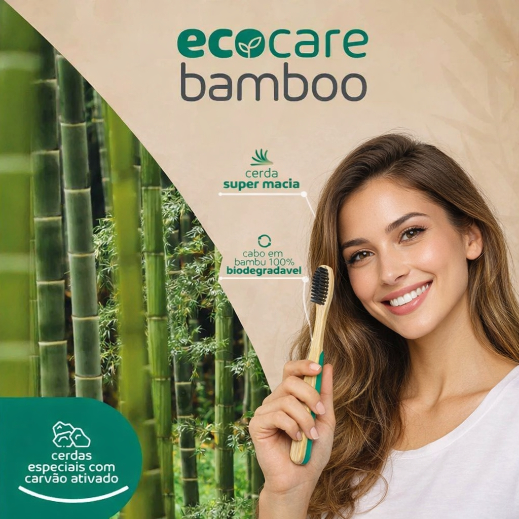 Escova Dental Eco Care Bamboo cabo 100% Biodegradável Bambu cerdas carvão ativado Powerdent
