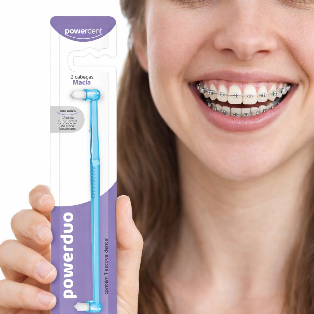 Escova Bitufo 2 Tufos Cerda Macia Power Duo Powerdent - Ideal para higiene dente a dente e nas áreas próximas a gengiva