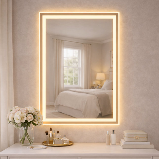 Espelho Retangular Jateado com 3 Cores LED Touch Vertical Decorativo de Parede em Oferta na Shopee