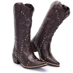 Bota Texana Feminina Em Couro Cano Alto Com Apliques Bico Fino