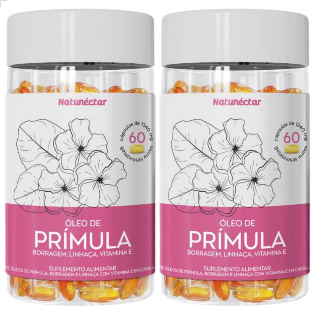 Kit 2 Frascos Óleo de Prímula Gelatinosas Vitamina E Borragem 60 Cápsulas Suplemento Natunéctar Pura