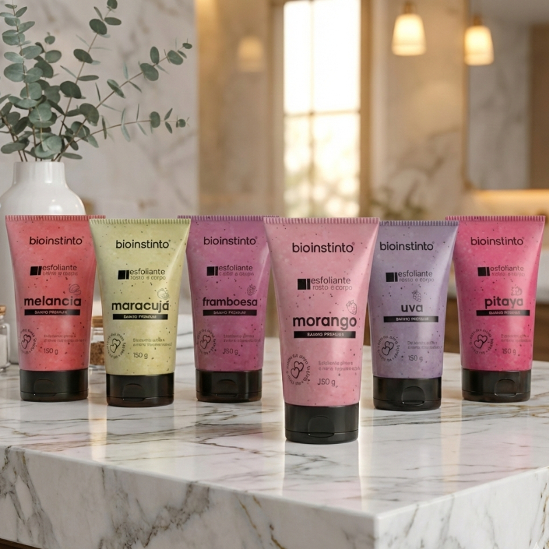 Esfoliante Corpo e Rosto Bio Instinto 150g - Morango, Melancia, Pitaya, Uva, Maracujá, Framboesa