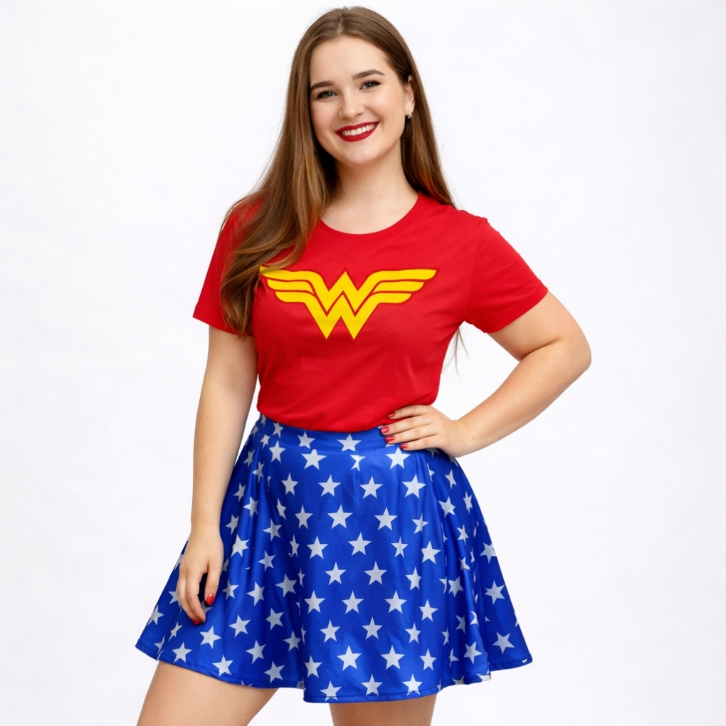 FANTASIA CONJUNTO MULHER MARAVILHA ADULTO CAMISETA ESTAMPADA + SAIA DE CETIM | PREMIUM | FANTASIA DE CARNAVAL | HALLOWEN
