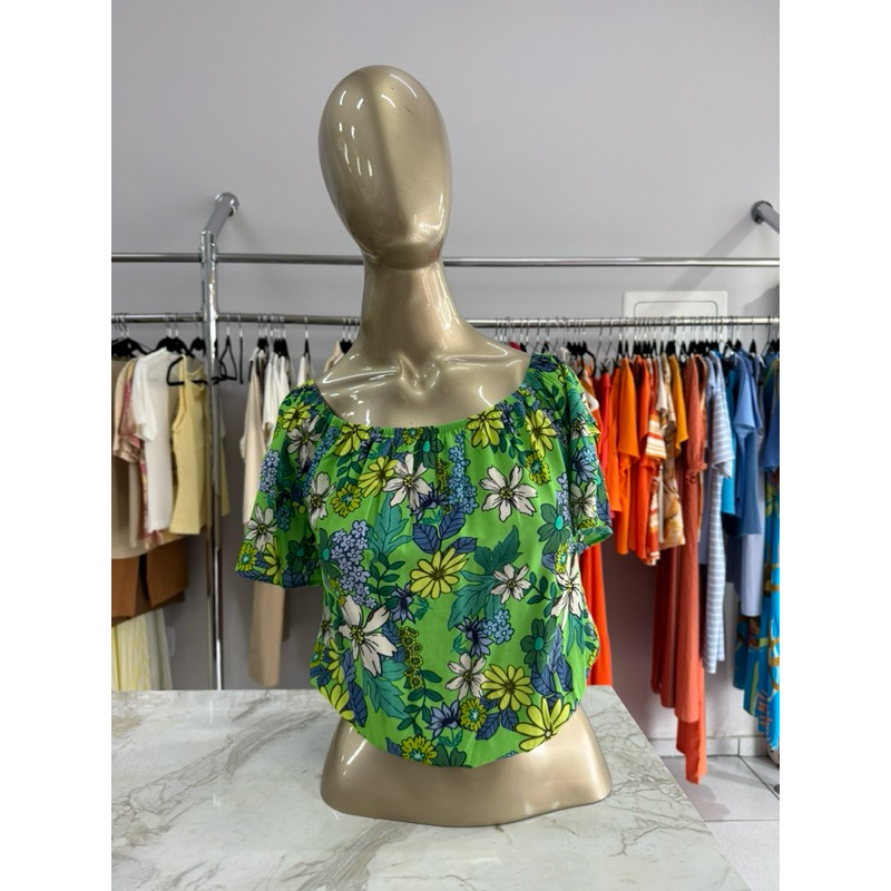 Blusa Feminina Cigana Ombro a Ombro Estampa Floral Verde Cropped Verão Seiki