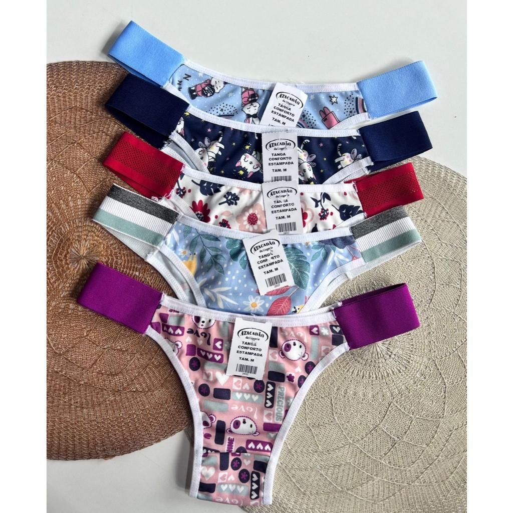 Kit 5 Calcinha Conforto Feminina Estampada Tanga Pala Calcinhas Adulto Calcinha Cintura Alta Variada
