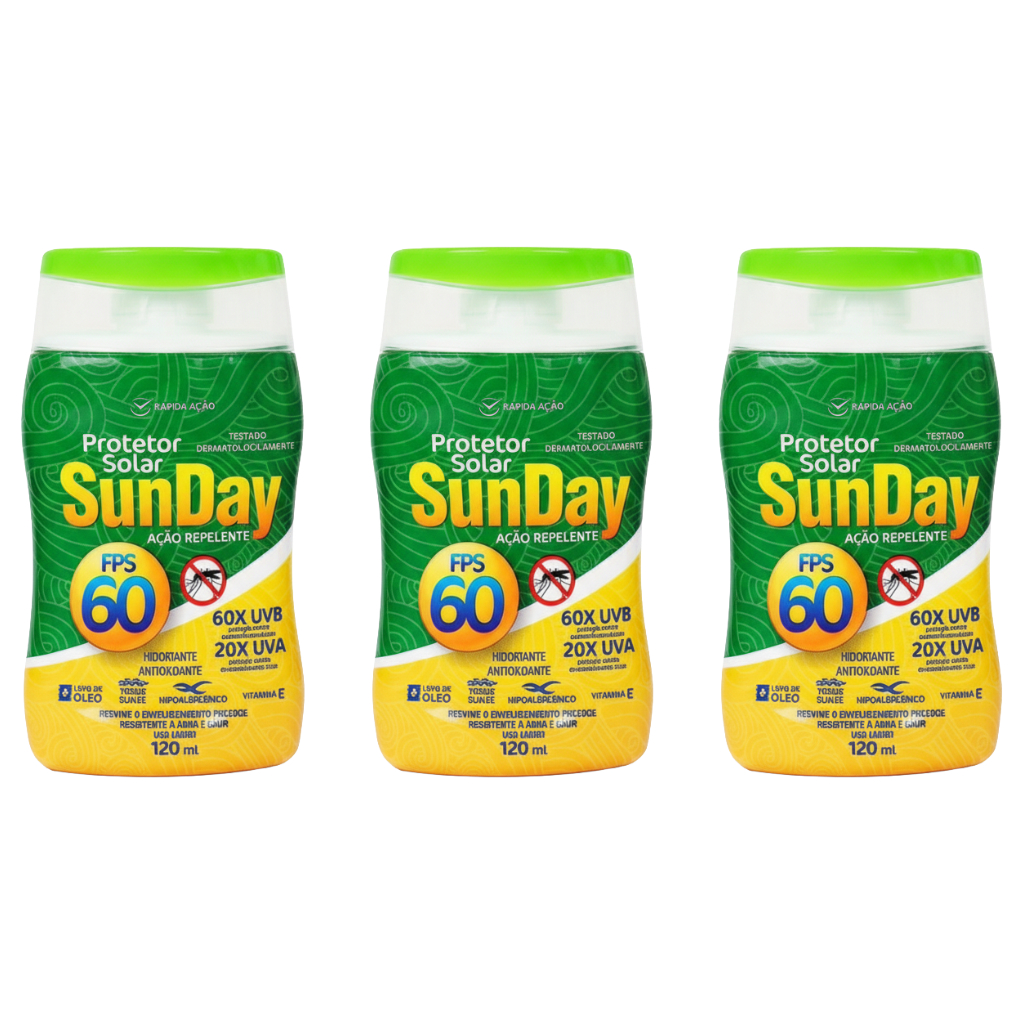 Kit 3 Protetor Solar 60 FPS com Ação Repelente Sunday 120ml em Oferta na Shopee
