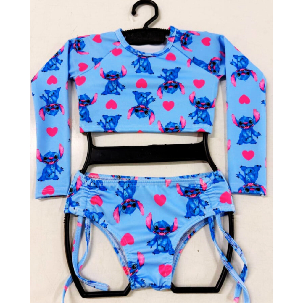 Conjunto Uv Proteção Solar Blusa Biquíni Praia Piscina Menina Estampas Personagem