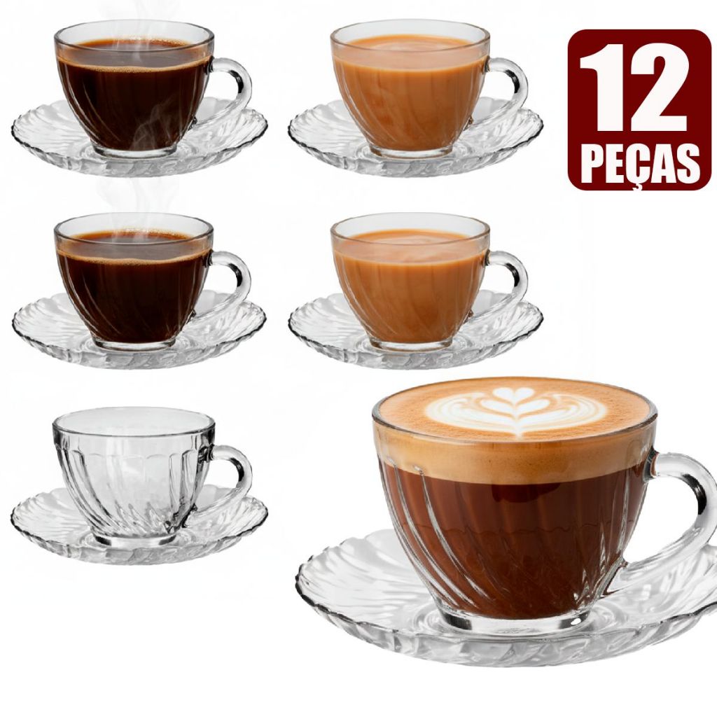 kit jogo Conjunto de Xícaras e Pires Bellagio 210ml 12 Peças  Resistente para Cafe Chá - Wincy Casa