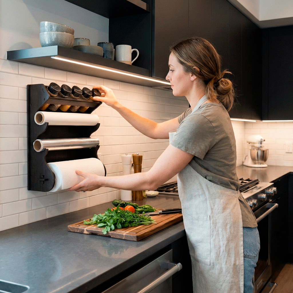 Porta Temperos Parede com 5 Potes e Porta Papel Alumínio, Papel Toalha e Papel Manteiga. em Oferta na Shopee